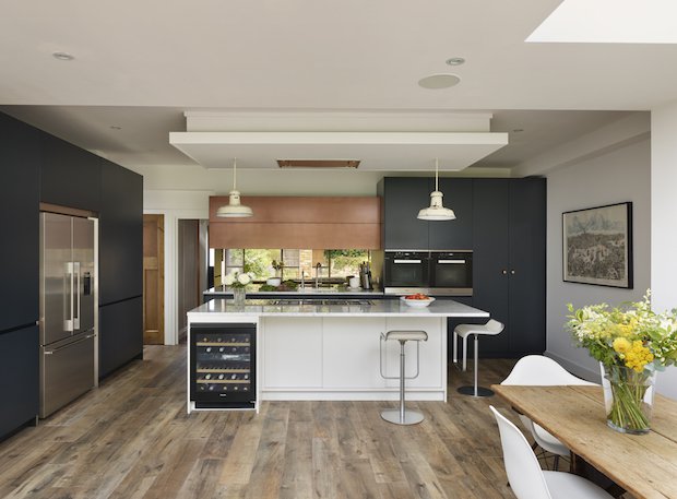 Roundhouse Urbo matt lacquer bespoke kitchen in Farrow & Ball Blue Black and Strong White with Burnished Copper Matt Metallic .jpg
