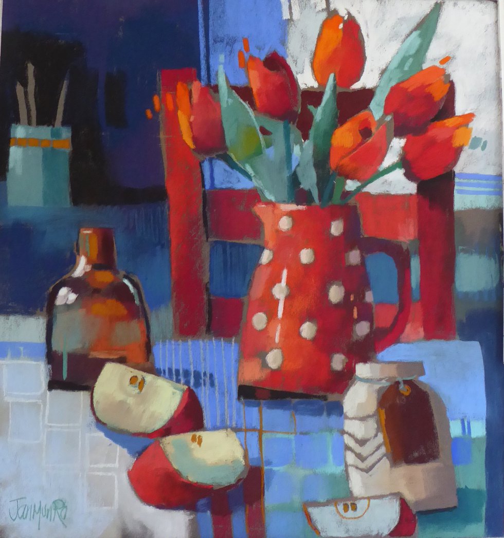 Jan Munro Red Tulips with red Chair. Pastel 47cm x 50cm.jpeg
