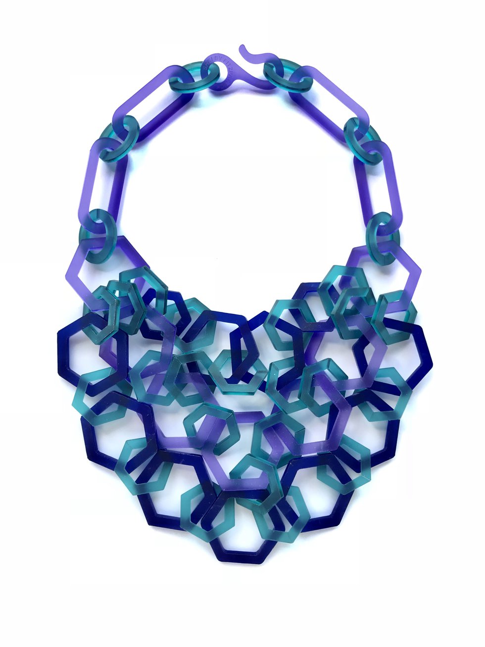 (1) Shelby Fitzpatrick, 3-strand Perspex hexagon necklace blue violet azure, photo Shelby Fitzpatrick.jpg