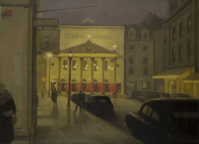 small_Hubert Arthur Finney (1905-1991), Theatre Royal Haymarket by Night, signed, titled to reverse, Oil on canvas, 40.5 x 30.jpg