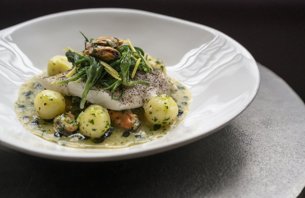 Mark Kempson's Steamed Cornish brill, St Austell Bay mussels, Jersey Royals, barba di frate, preserved lemon. Pls credit @gbchefs.jpg