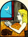 Reading with cat, stained glass panel, 23.5 x 19 cm..JPG